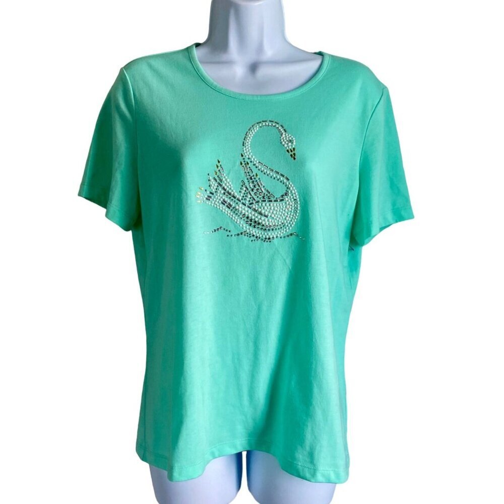 Coral Bay Petite PM Short Sleeve Top With Rhinestone Swan Design NEW